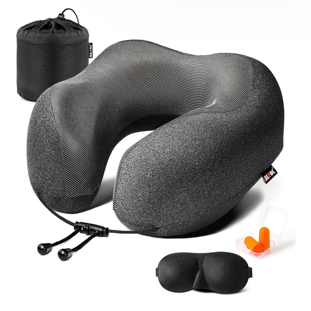 Travel Pillow 100% Memory Foam 3D Contoured Eye Masks, Earplugs, Carry Bag. NIB